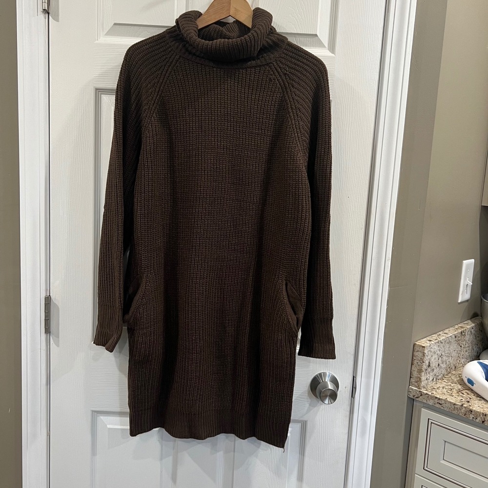 SHEIN Brown Turtleneck Sweater Dress Chunky Knit Long Sleeve Pockets Size L 8/10